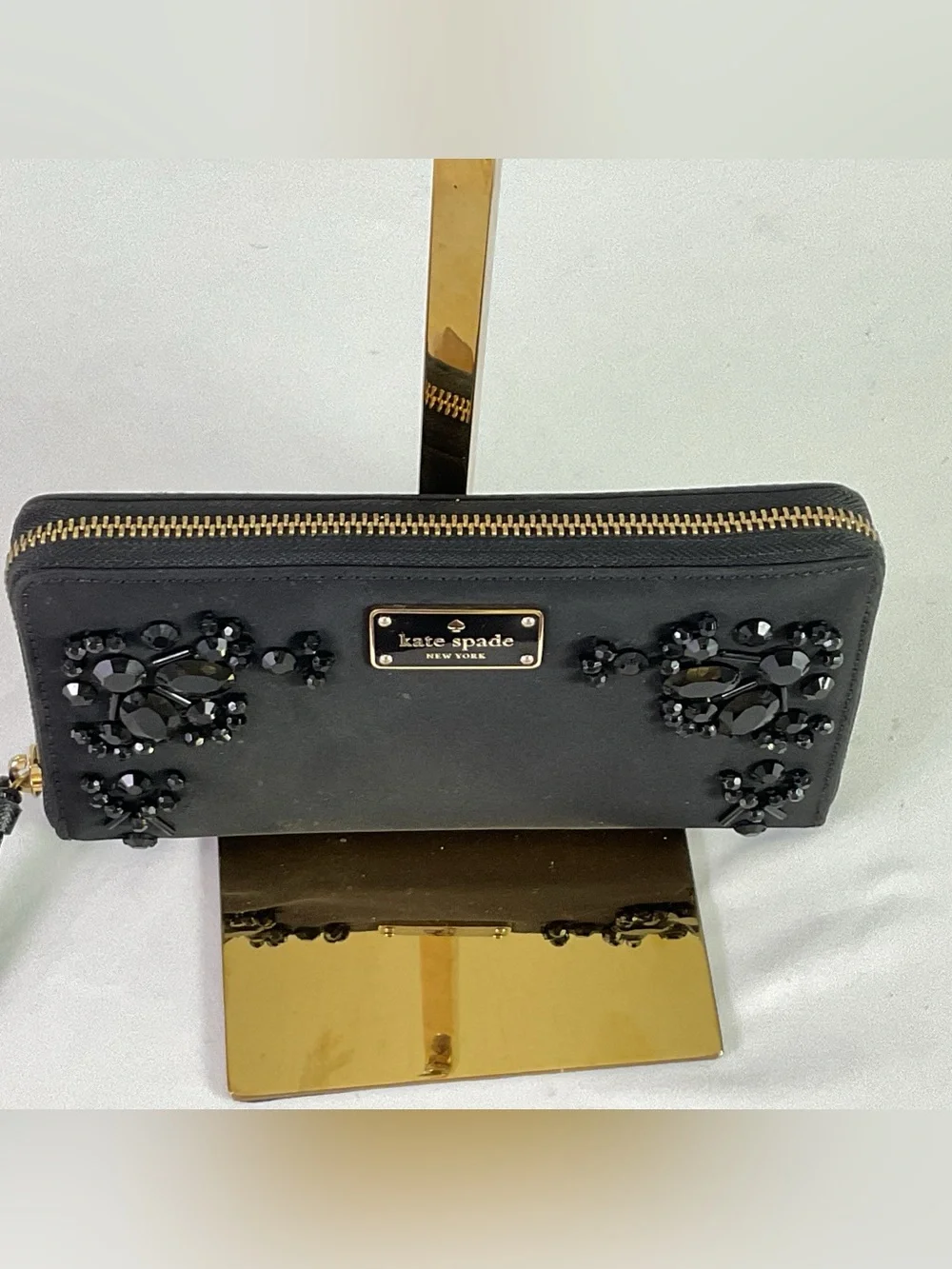 Kate Spade-“WILSON”-durable, black nylon fabric -beaded zip around wallet